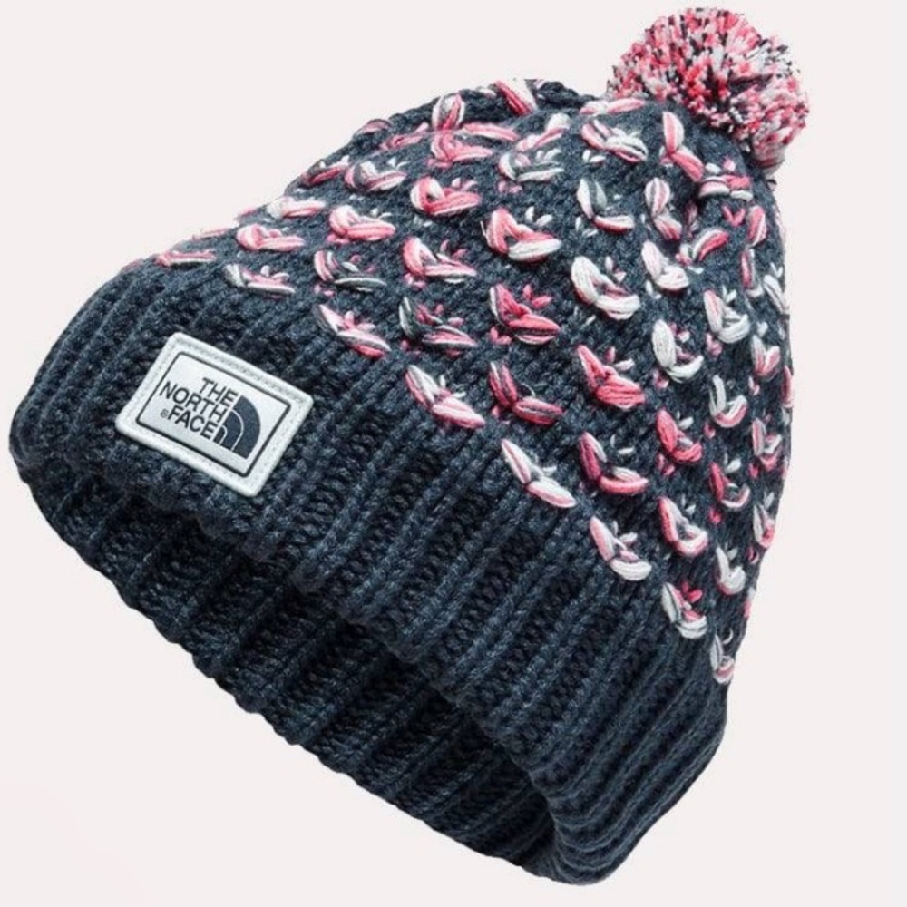 LIKE NEW The North Face Girls' Chunky Pom Beanie Navy Pink Knit